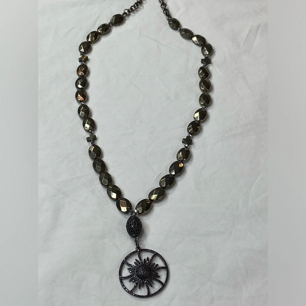 Unique Sunburst Pendent necklace Black and Silver tone‎ beads